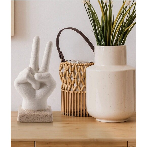 Peace Sign Hand sculpture Figurine White Ceramic Tabletop Boho Eclectic Decor - Picture 1 of 9